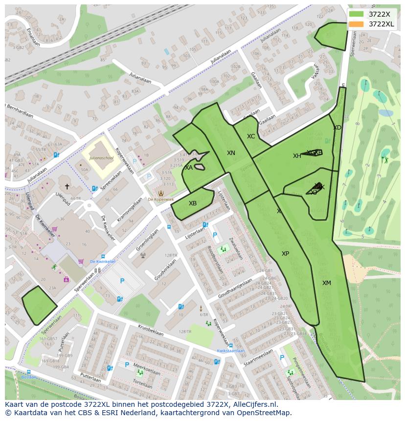 Afbeelding van het postcodegebied 3722 XL op de kaart.