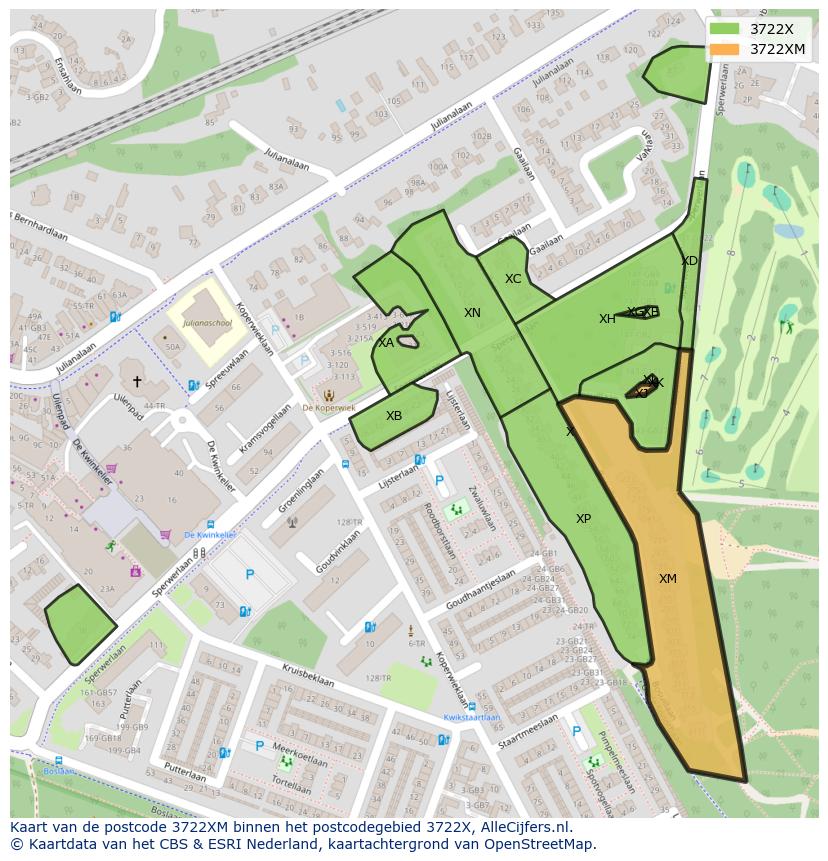 Afbeelding van het postcodegebied 3722 XM op de kaart.