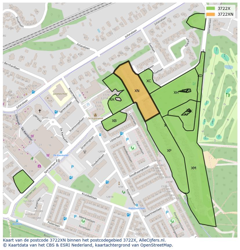 Afbeelding van het postcodegebied 3722 XN op de kaart.