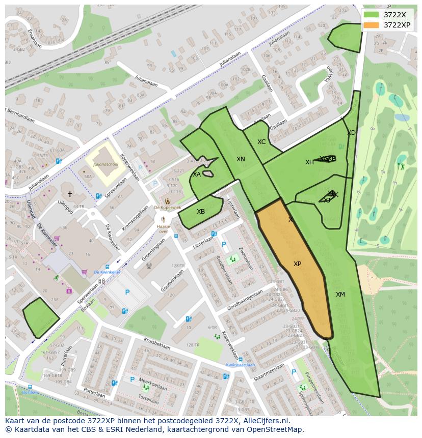 Afbeelding van het postcodegebied 3722 XP op de kaart.