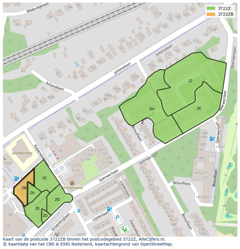 Afbeelding van het postcodegebied 3722 ZB op de kaart.