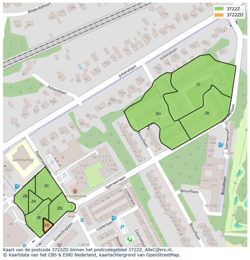 Afbeelding van het postcodegebied 3722 ZD op de kaart.