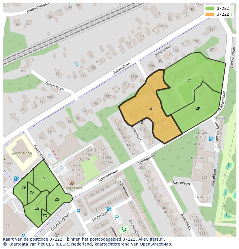 Afbeelding van het postcodegebied 3722 ZH op de kaart.