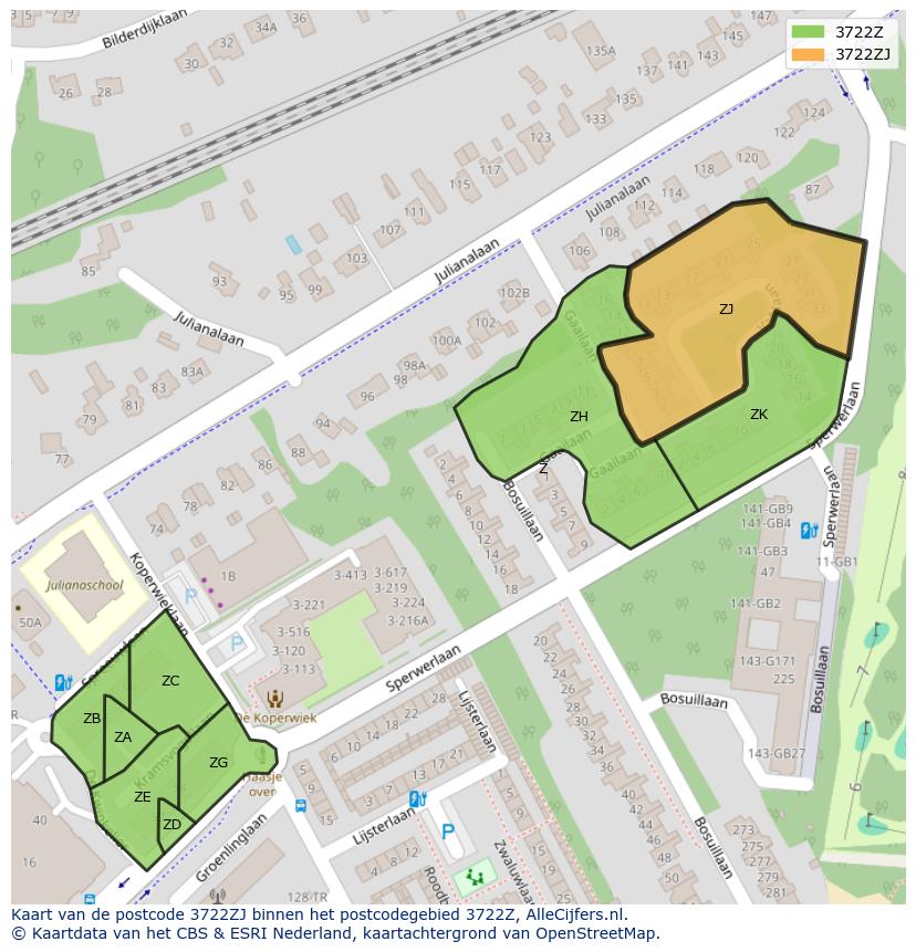 Afbeelding van het postcodegebied 3722 ZJ op de kaart.