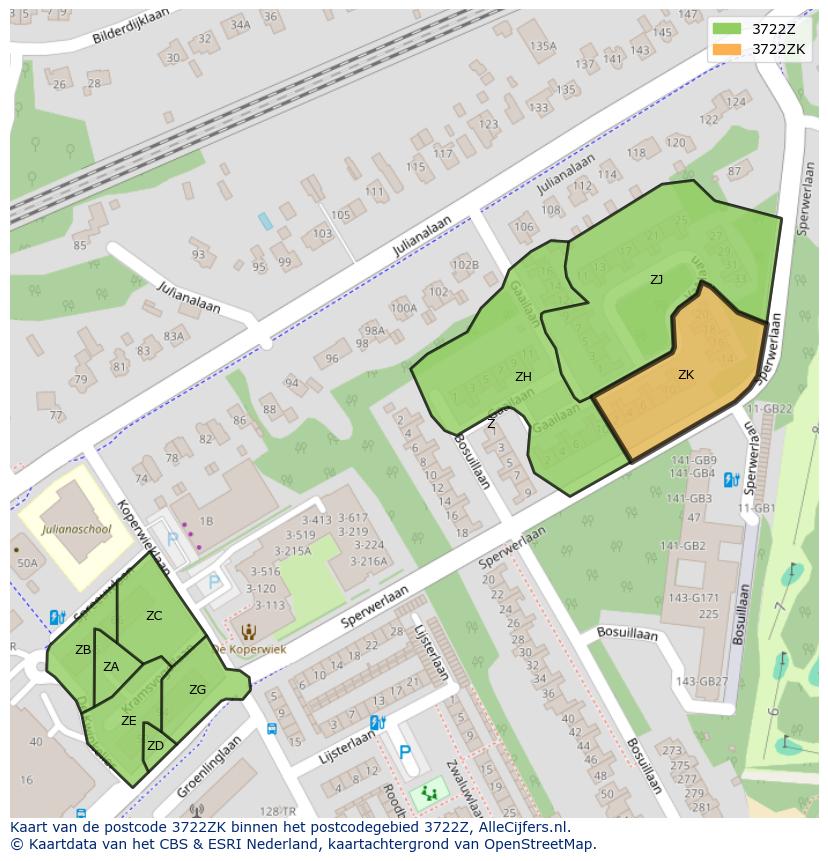 Afbeelding van het postcodegebied 3722 ZK op de kaart.