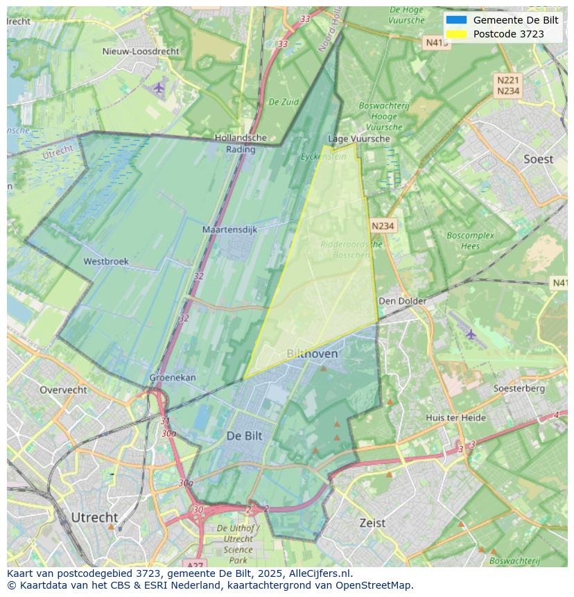 Afbeelding van het postcodegebied 3723 op de kaart.