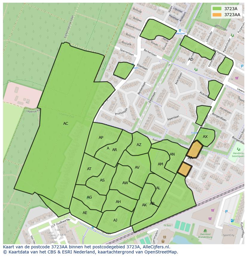 Afbeelding van het postcodegebied 3723 AA op de kaart.