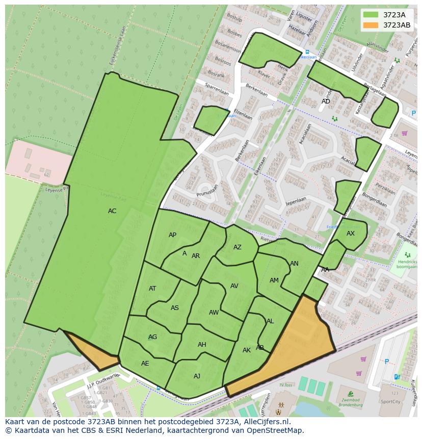 Afbeelding van het postcodegebied 3723 AB op de kaart.