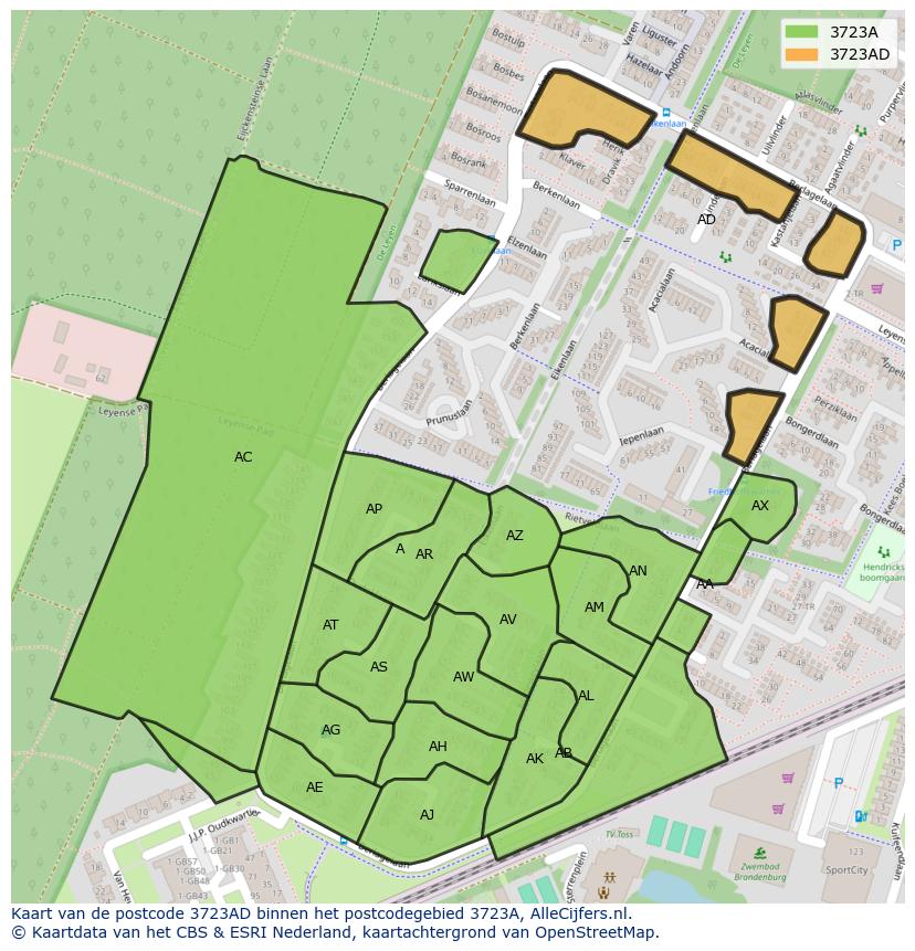 Afbeelding van het postcodegebied 3723 AD op de kaart.