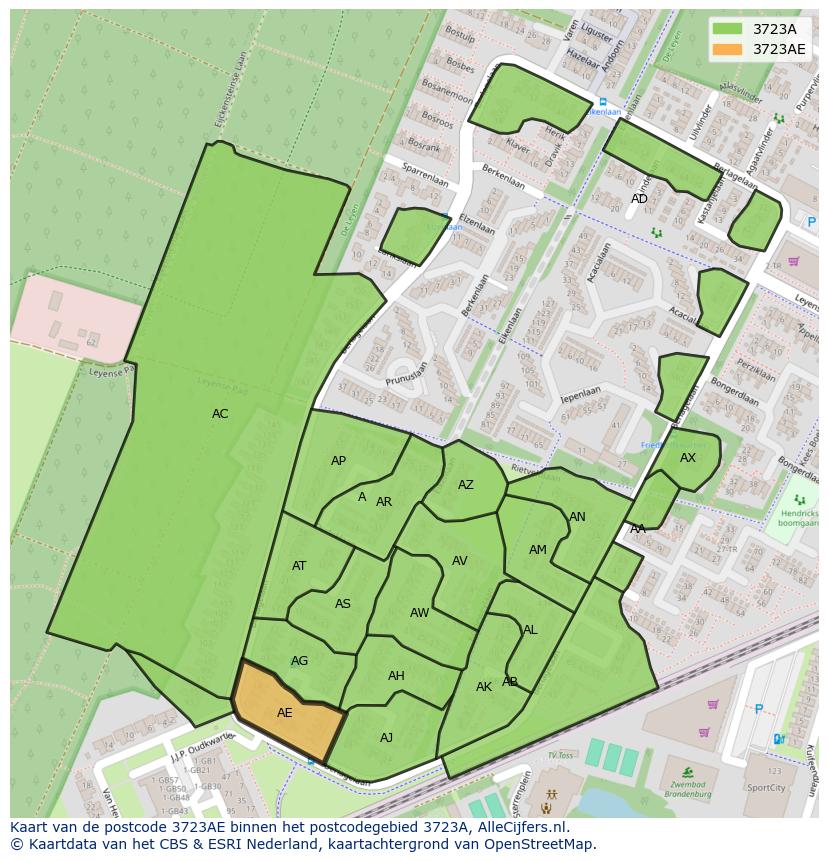 Afbeelding van het postcodegebied 3723 AE op de kaart.