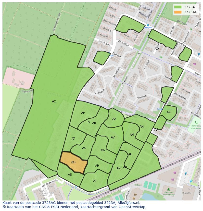 Afbeelding van het postcodegebied 3723 AG op de kaart.