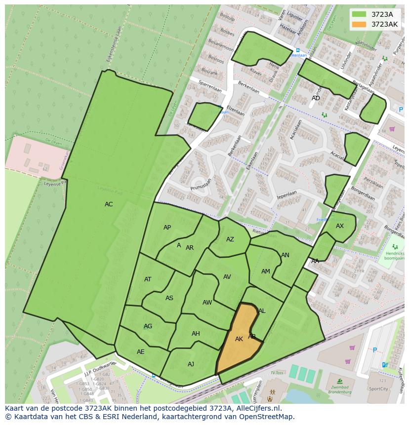 Afbeelding van het postcodegebied 3723 AK op de kaart.