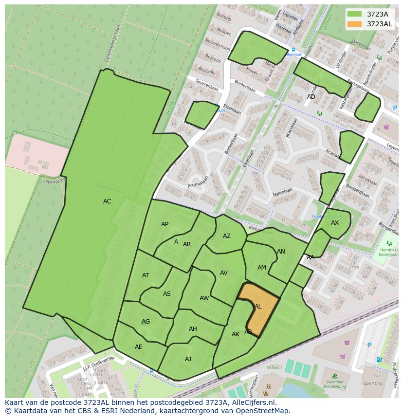 Afbeelding van het postcodegebied 3723 AL op de kaart.