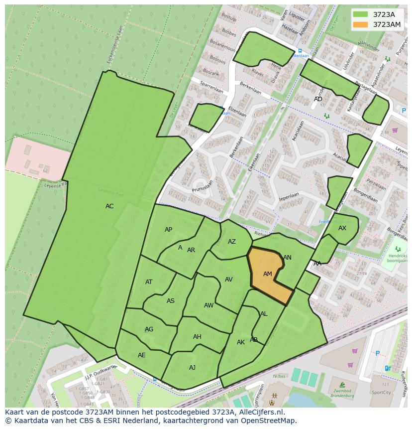 Afbeelding van het postcodegebied 3723 AM op de kaart.