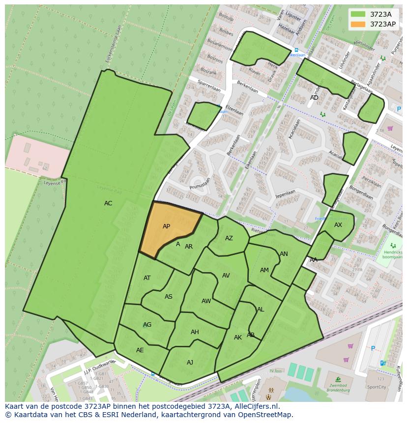 Afbeelding van het postcodegebied 3723 AP op de kaart.