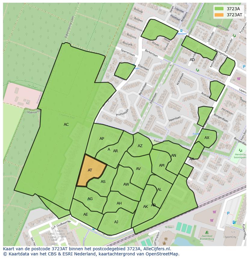 Afbeelding van het postcodegebied 3723 AT op de kaart.