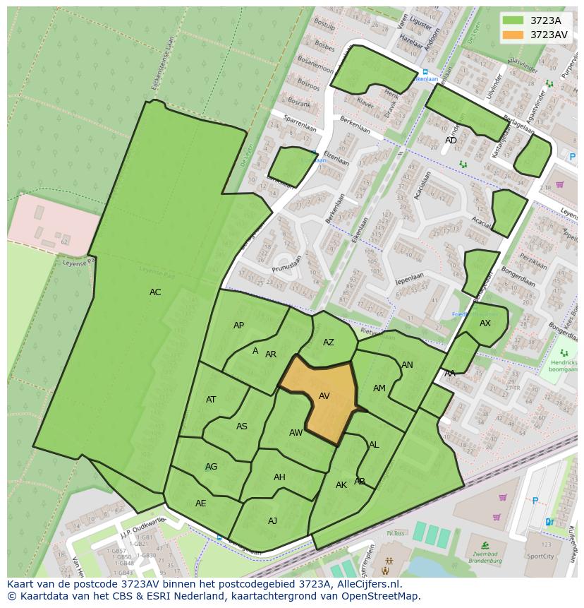 Afbeelding van het postcodegebied 3723 AV op de kaart.