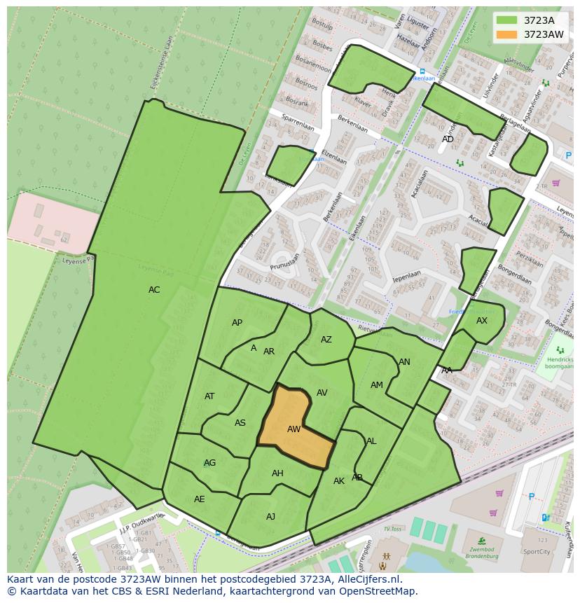 Afbeelding van het postcodegebied 3723 AW op de kaart.