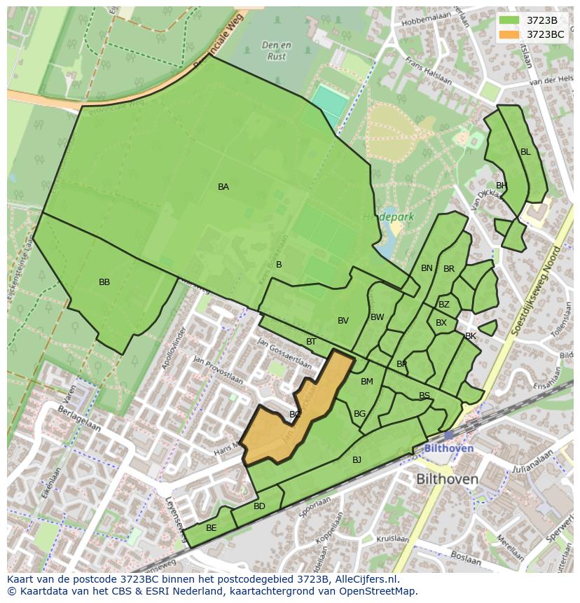 Afbeelding van het postcodegebied 3723 BC op de kaart.