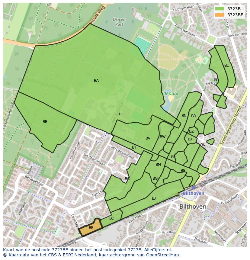 Afbeelding van het postcodegebied 3723 BE op de kaart.
