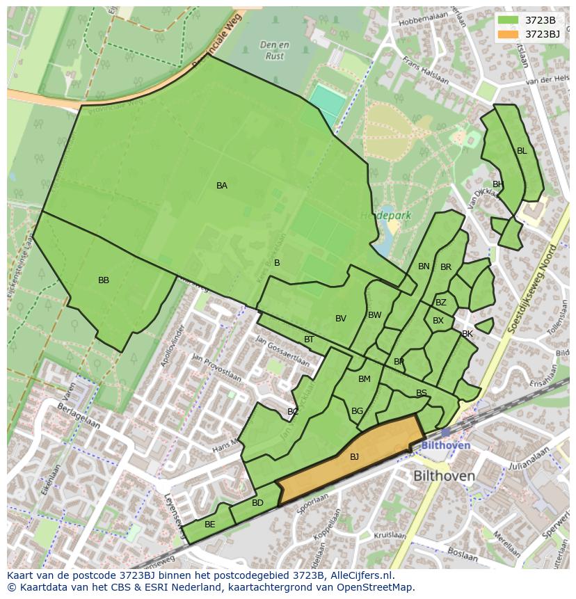 Afbeelding van het postcodegebied 3723 BJ op de kaart.