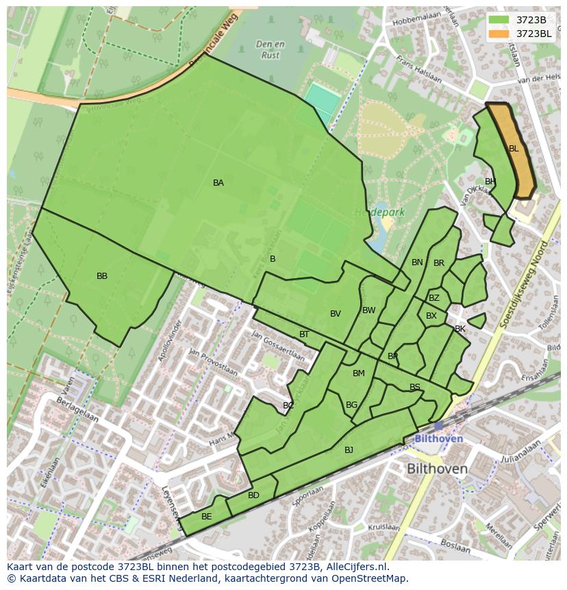Afbeelding van het postcodegebied 3723 BL op de kaart.
