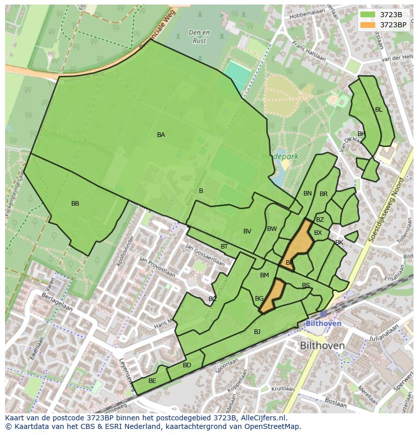 Afbeelding van het postcodegebied 3723 BP op de kaart.