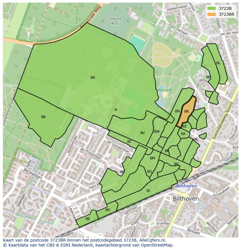 Afbeelding van het postcodegebied 3723 BR op de kaart.
