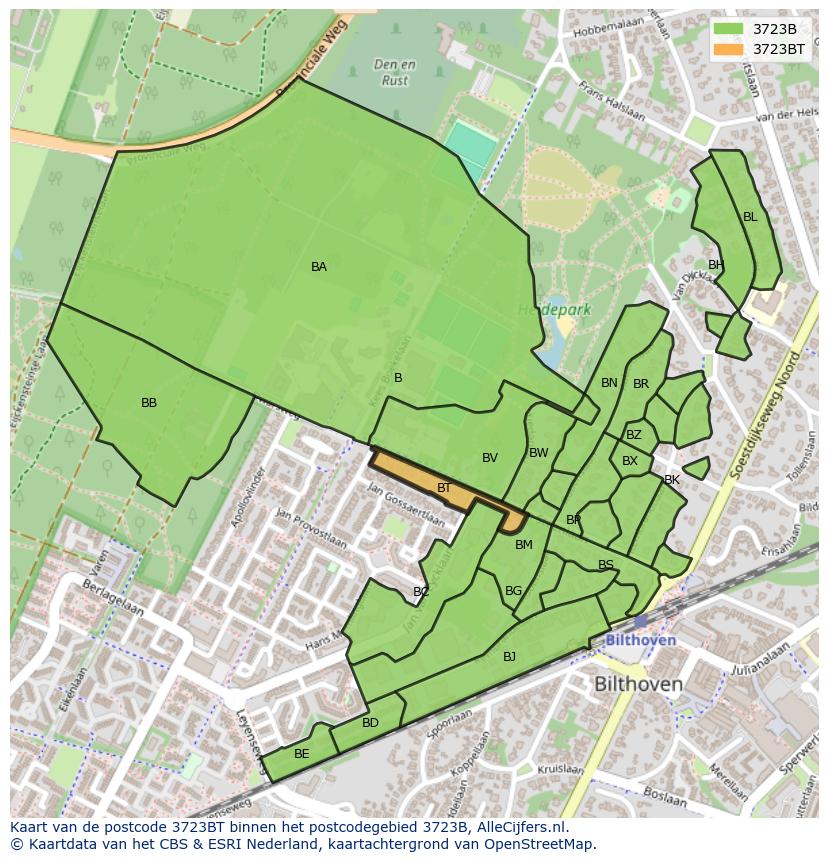 Afbeelding van het postcodegebied 3723 BT op de kaart.