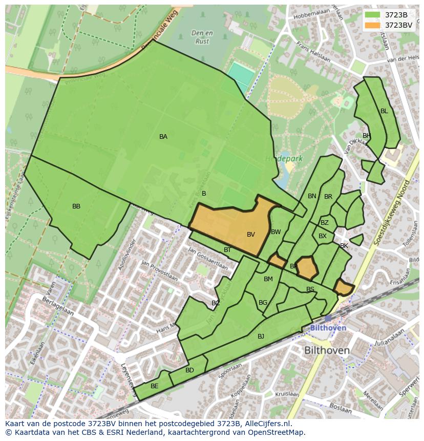 Afbeelding van het postcodegebied 3723 BV op de kaart.