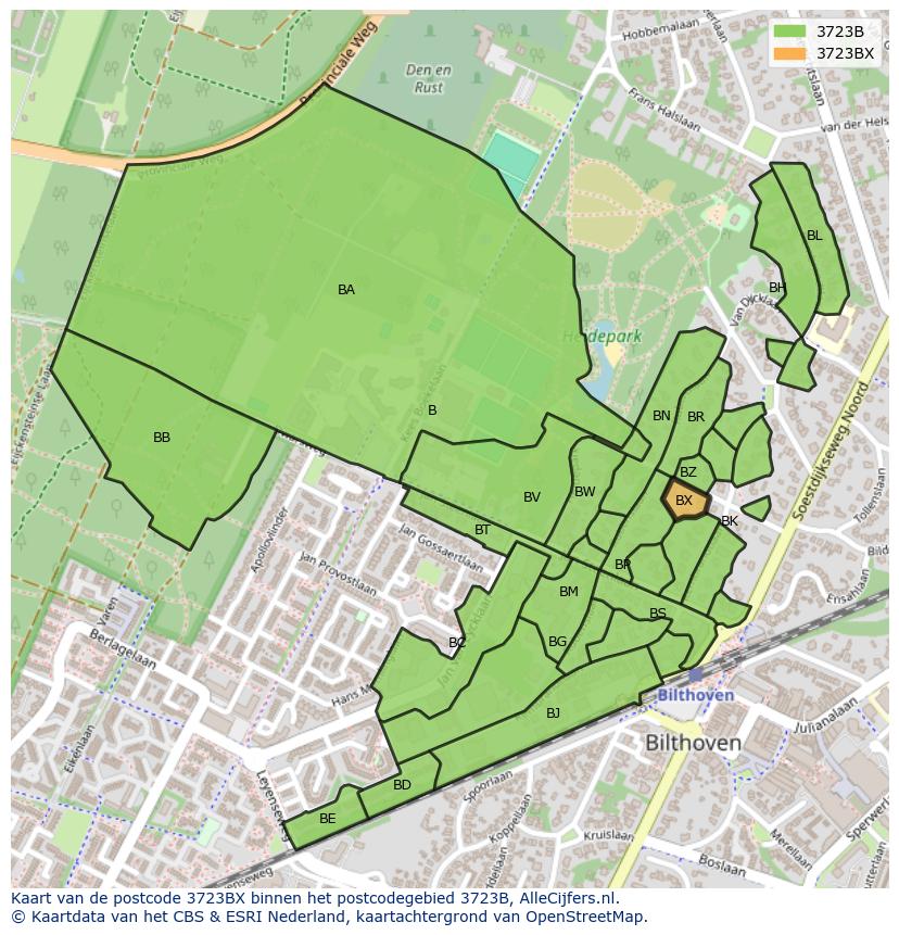 Afbeelding van het postcodegebied 3723 BX op de kaart.