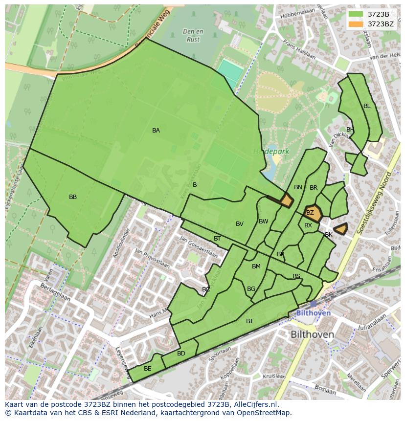 Afbeelding van het postcodegebied 3723 BZ op de kaart.