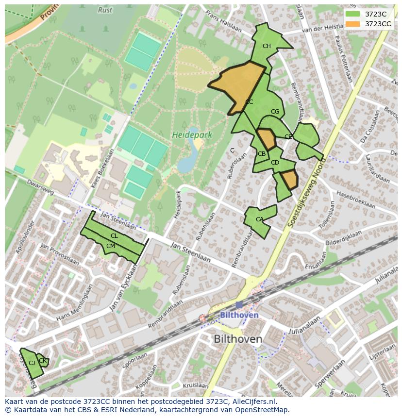 Afbeelding van het postcodegebied 3723 CC op de kaart.