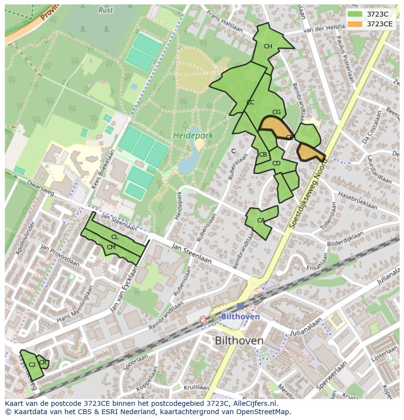 Afbeelding van het postcodegebied 3723 CE op de kaart.