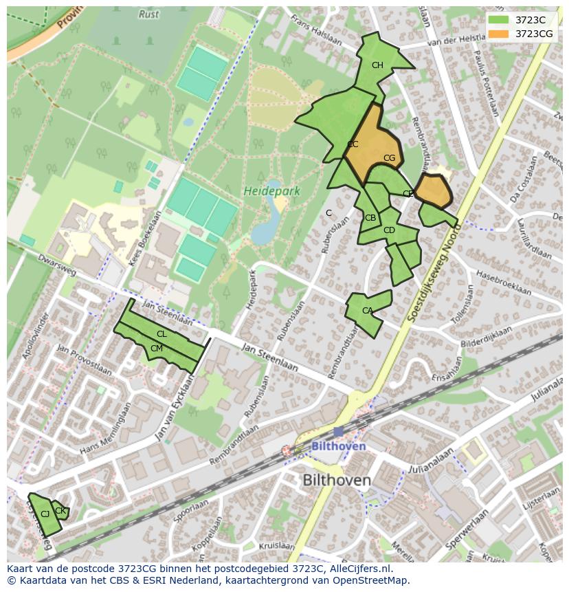 Afbeelding van het postcodegebied 3723 CG op de kaart.