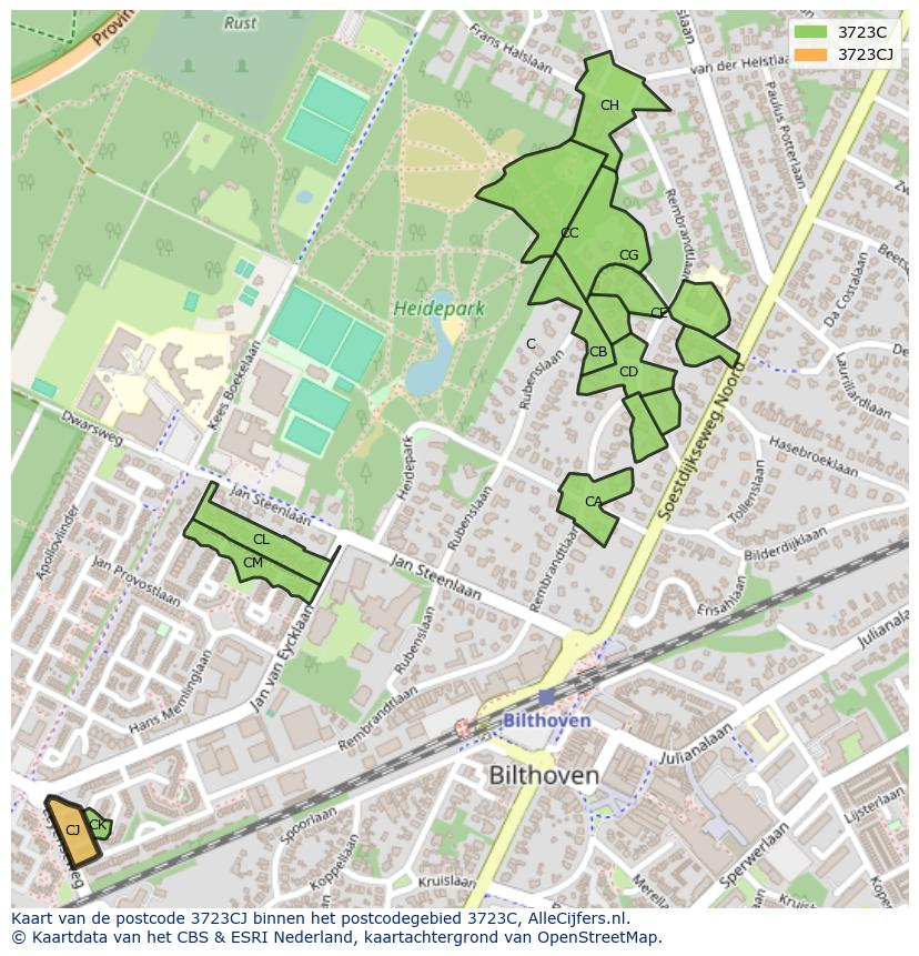 Afbeelding van het postcodegebied 3723 CJ op de kaart.