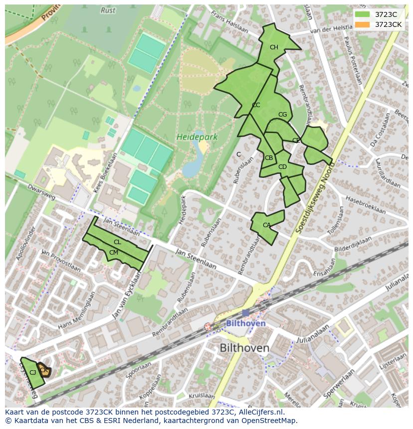 Afbeelding van het postcodegebied 3723 CK op de kaart.