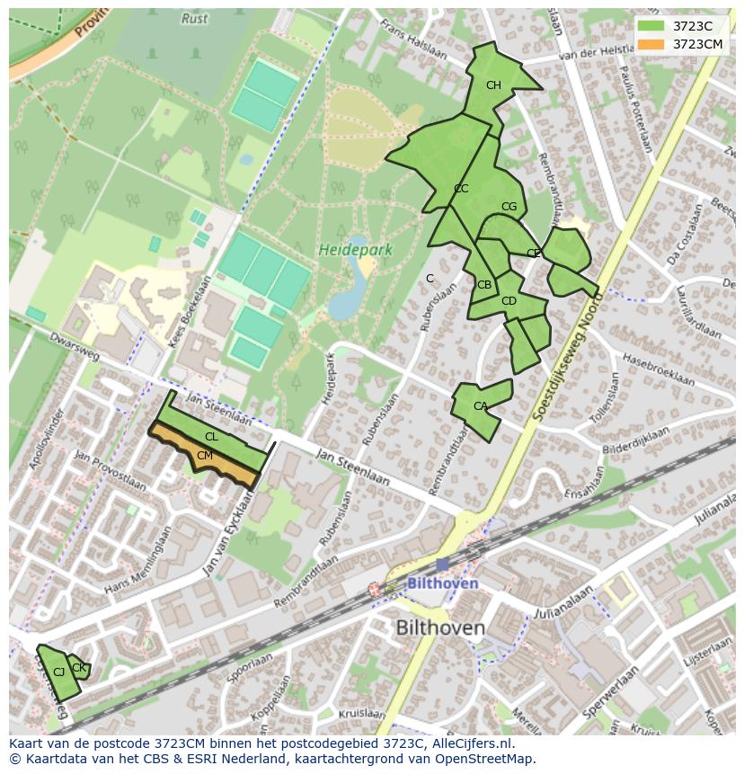 Afbeelding van het postcodegebied 3723 CM op de kaart.