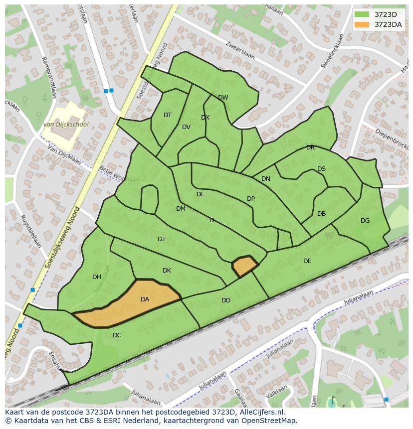Afbeelding van het postcodegebied 3723 DA op de kaart.