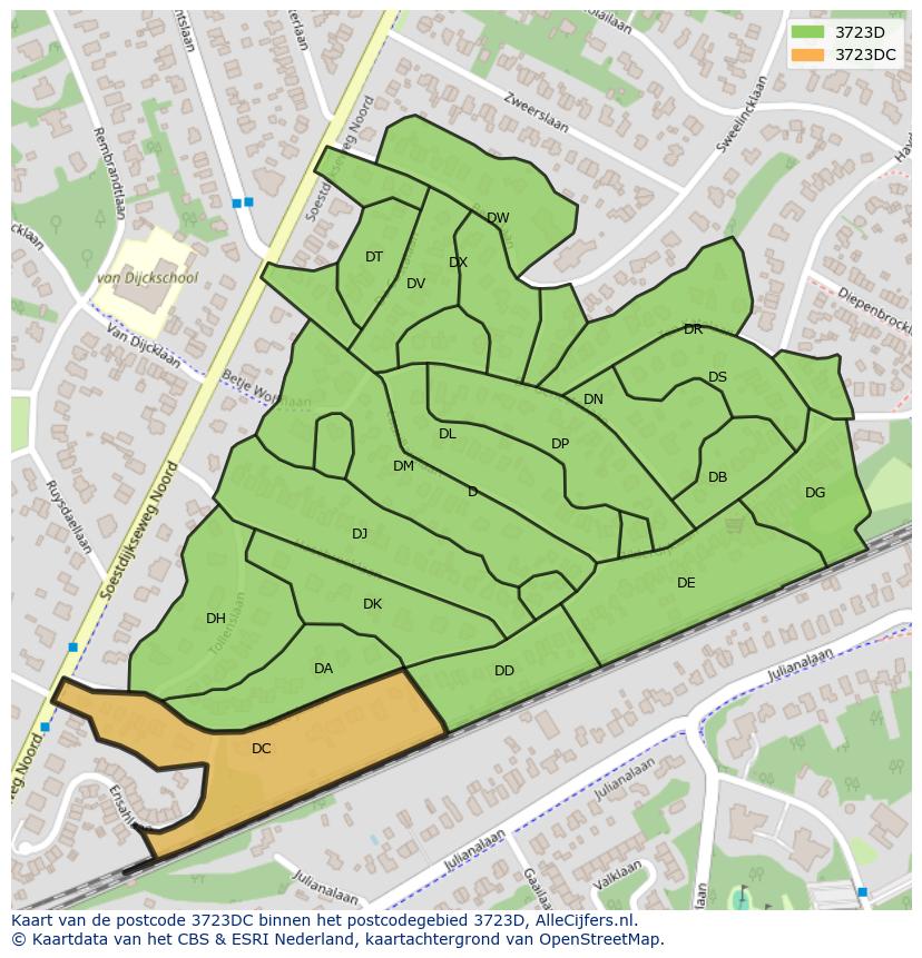 Afbeelding van het postcodegebied 3723 DC op de kaart.