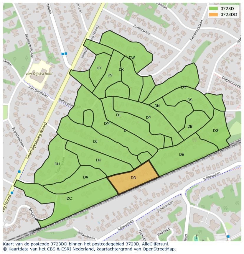 Afbeelding van het postcodegebied 3723 DD op de kaart.