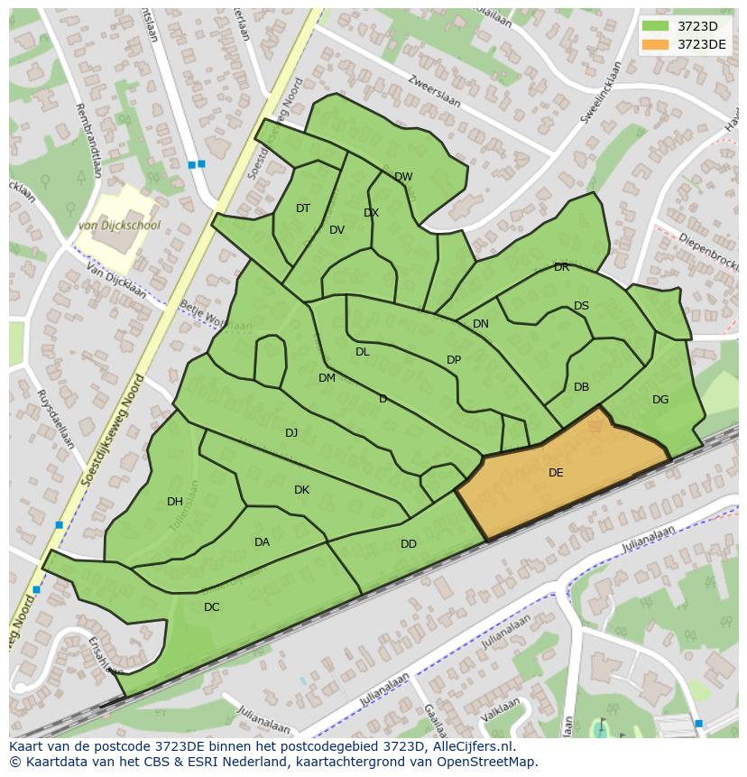Afbeelding van het postcodegebied 3723 DE op de kaart.