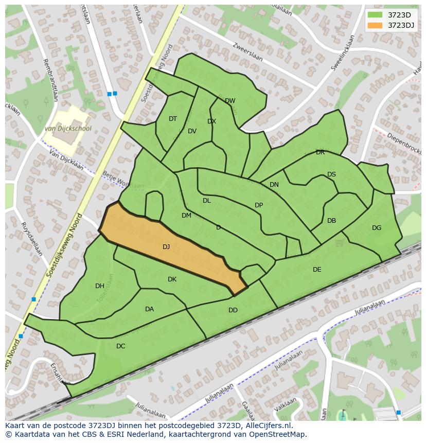 Afbeelding van het postcodegebied 3723 DJ op de kaart.