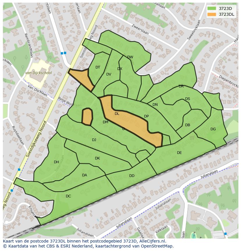 Afbeelding van het postcodegebied 3723 DL op de kaart.