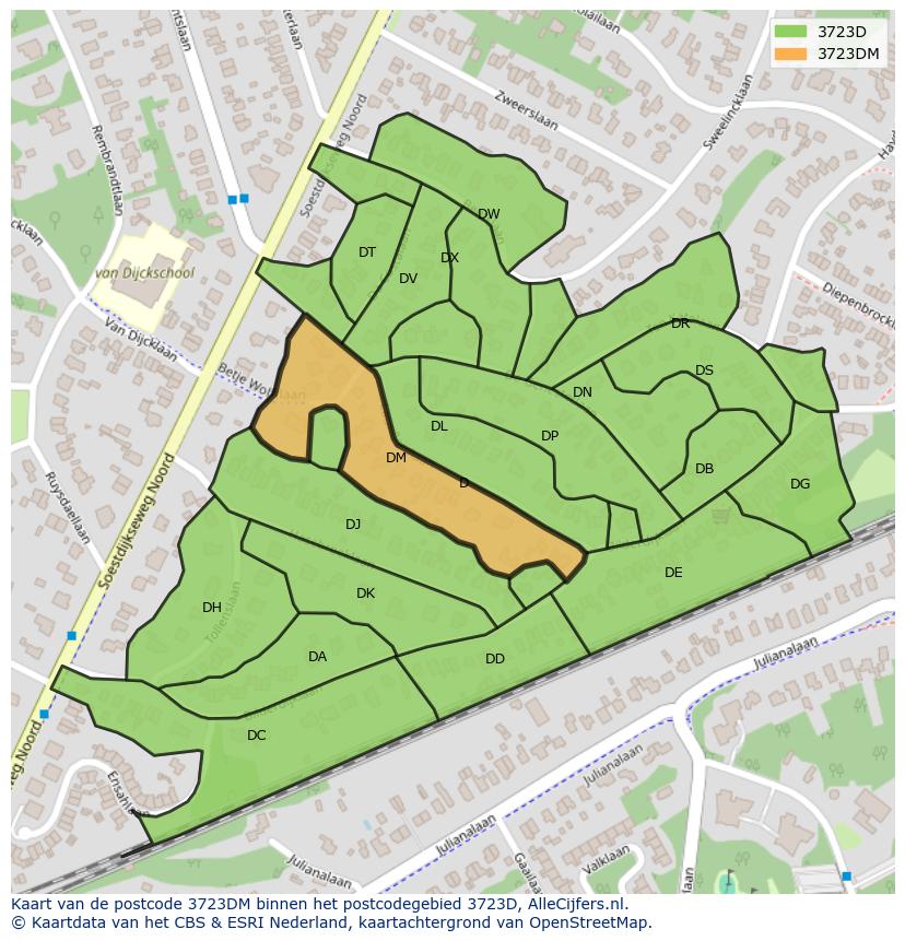 Afbeelding van het postcodegebied 3723 DM op de kaart.