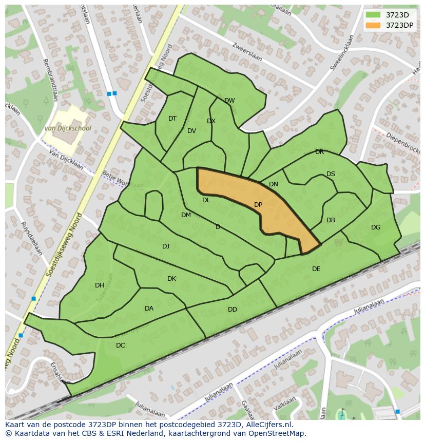 Afbeelding van het postcodegebied 3723 DP op de kaart.