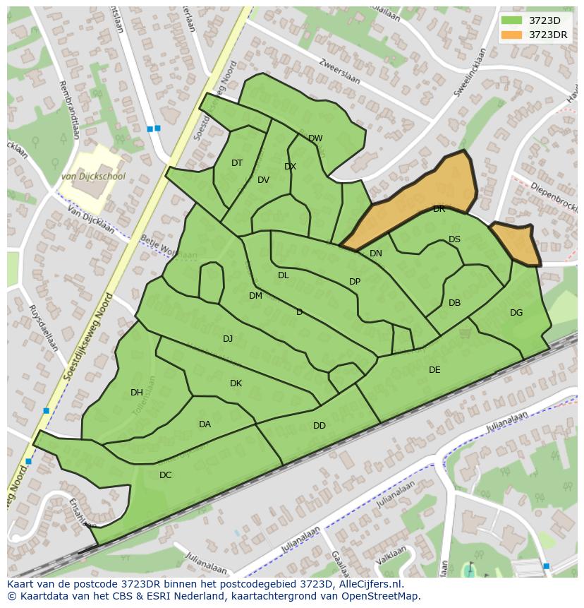 Afbeelding van het postcodegebied 3723 DR op de kaart.
