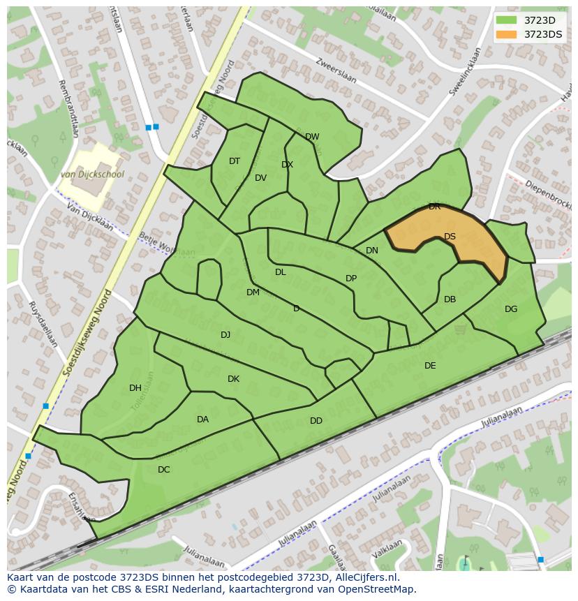 Afbeelding van het postcodegebied 3723 DS op de kaart.
