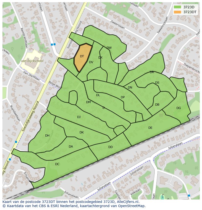 Afbeelding van het postcodegebied 3723 DT op de kaart.