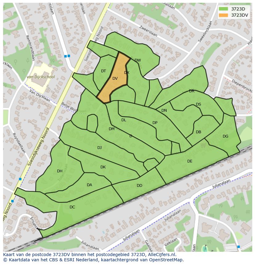 Afbeelding van het postcodegebied 3723 DV op de kaart.